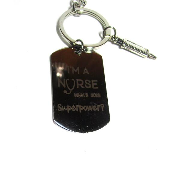 Nurse Keychain Silver Metal Nursing Superpower with Stethoscope Syringe Charms - Picture 3 of 3